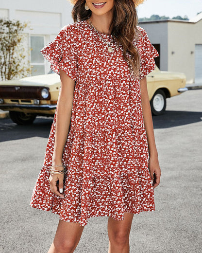 Modefest- Kurzärmliges Kleid mit Blumen- und Leopardenmuster Rot