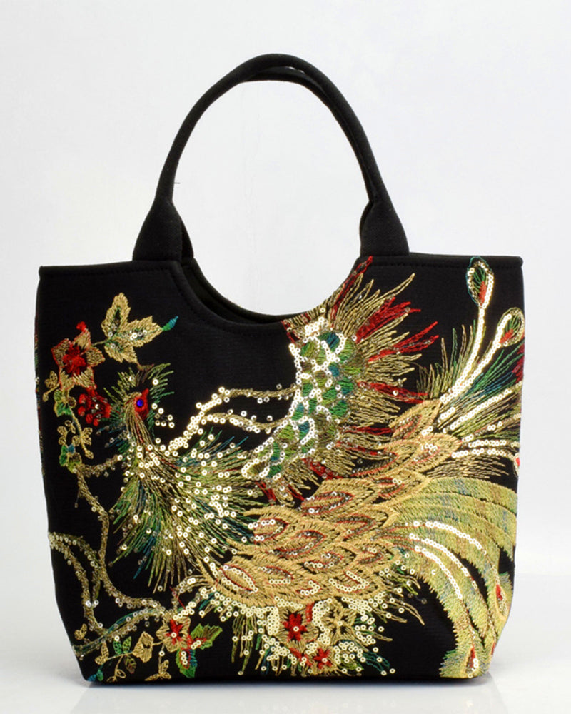 Modefest- Tasche im ethnischen Stil mit Pfau-Stickerei Schwarz Einfache Tragetasche