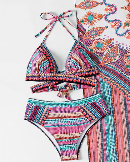 Modefest- Bikini-Dreiteiler mit buntem Streifen-Print