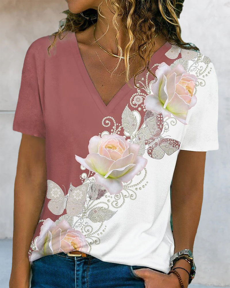 Modefest- Floraldruck V-Ausschnitt T-Shirt