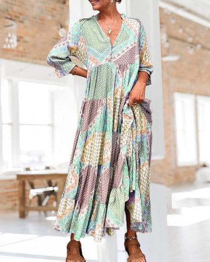Modefest- Kleid mit Farbblockdruck und 3/4-Ärmeln