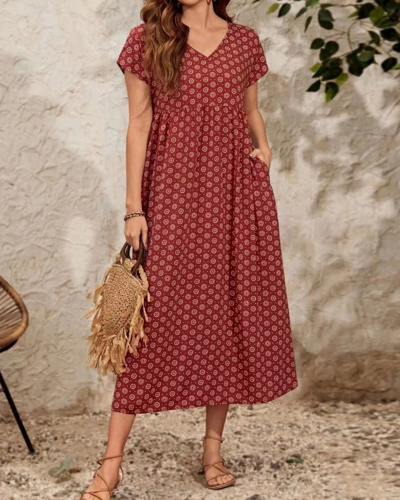 Modefest- Langes Kleid mit V-Ausschnitt und kurzen Ärmeln Rot