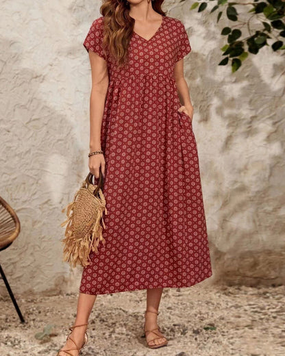 Modefest- Langes Kleid mit V-Ausschnitt und kurzen Ärmeln Rot