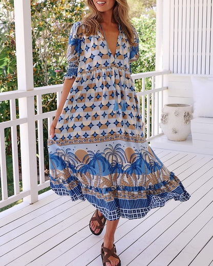 Printed v-neck half sleeve holiday dress