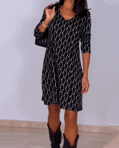 Modefest- Kleid mit V-Ausschnitt und Rautenmuster Schwarz