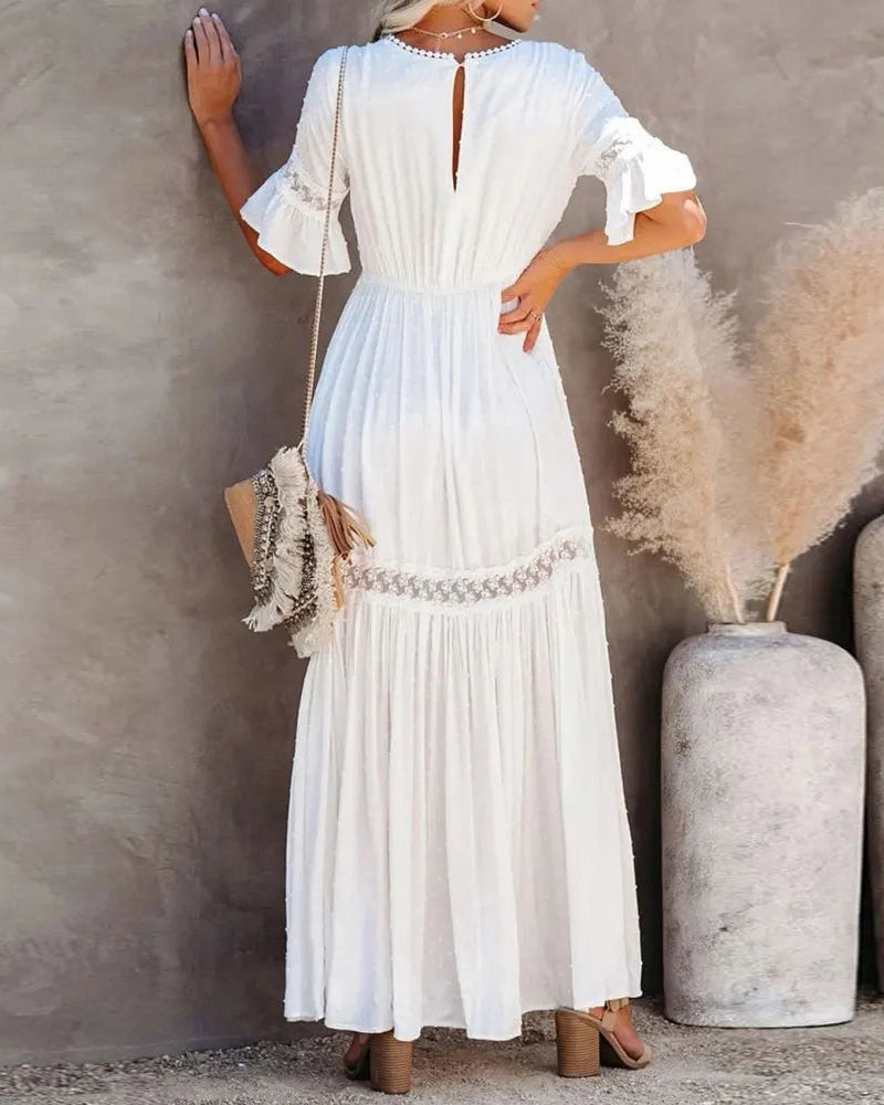 Modefest- Elegantes einfarbiges kleid mit tiefem v-ausschnitt und spitzen-patchwork