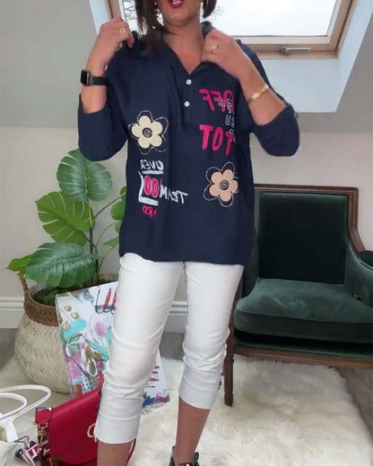 Top casual con capucha de manga larga y bordado floral