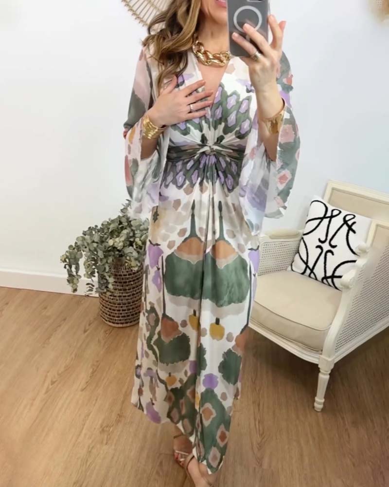 Modefest- Elegantes langes kleid mit bedrucktem v-ausschnitt und ausgestellten ärmeln