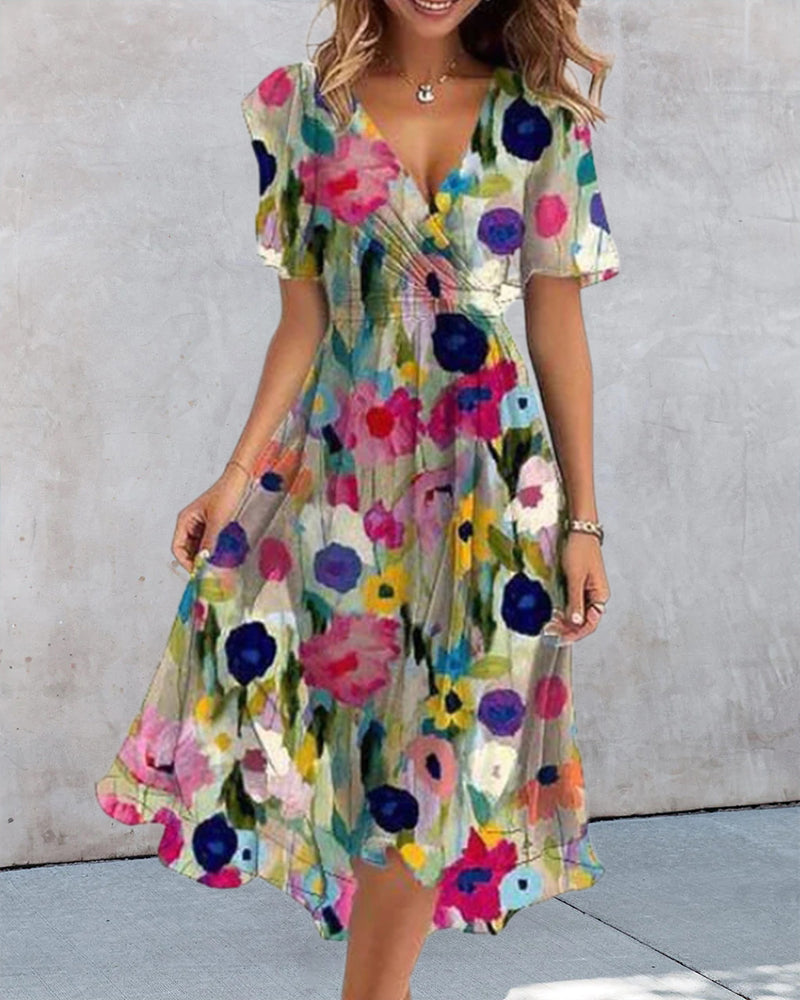 Modefest- Bunt bedrucktes kleid mit v-ausschnitt