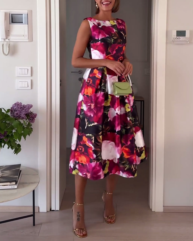 Vestido elegante sem mangas com estampa floral