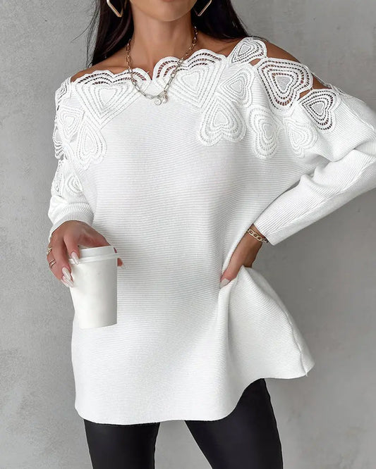 Modefest- Einfarbiger Spitzen-Patchwork-Pullover Weiß