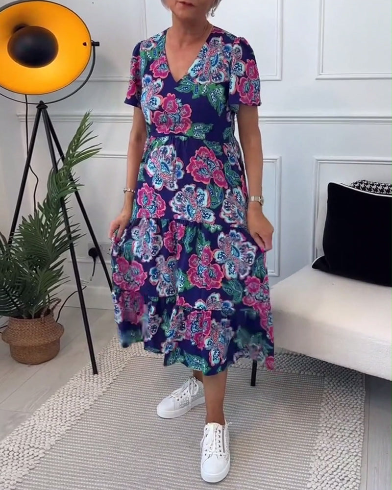 Vestido elegante com estampa floral e mangas bufantes