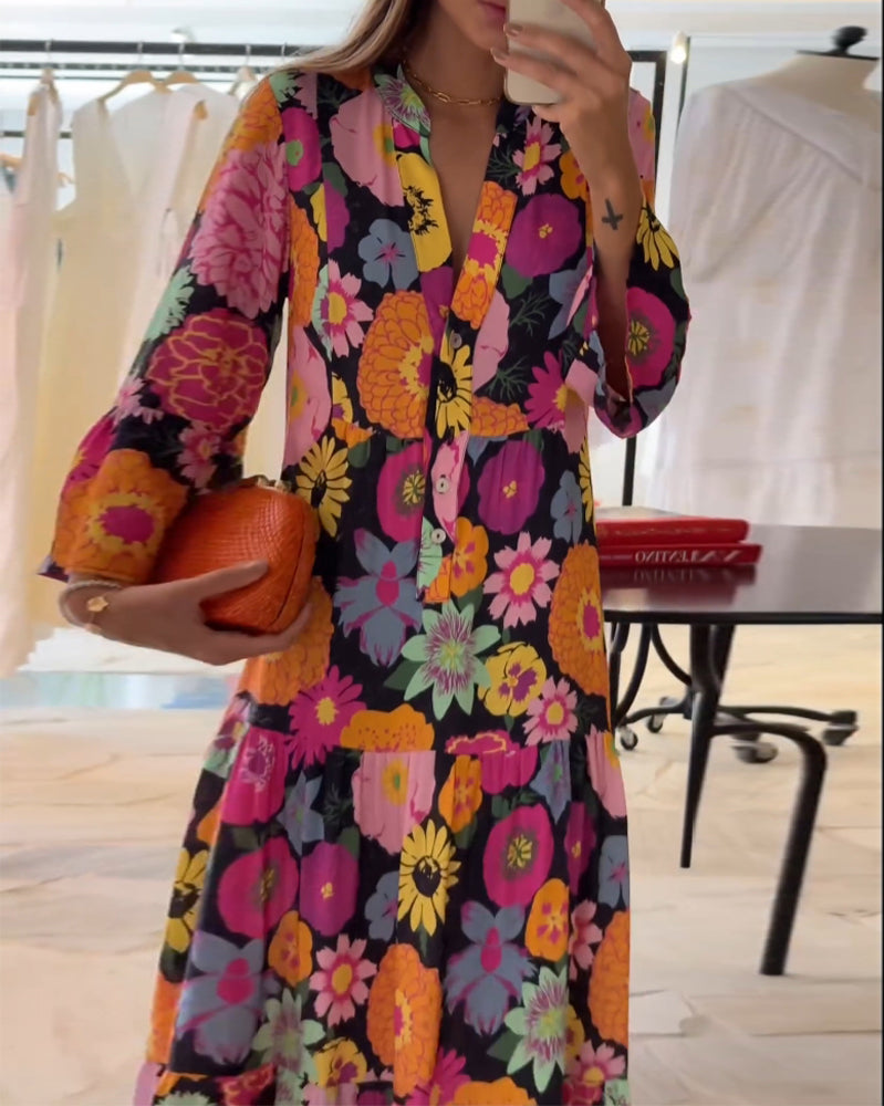 Modefest- Langes Kleid mit Blumendruck und Knöpfen und V-Ausschnitt