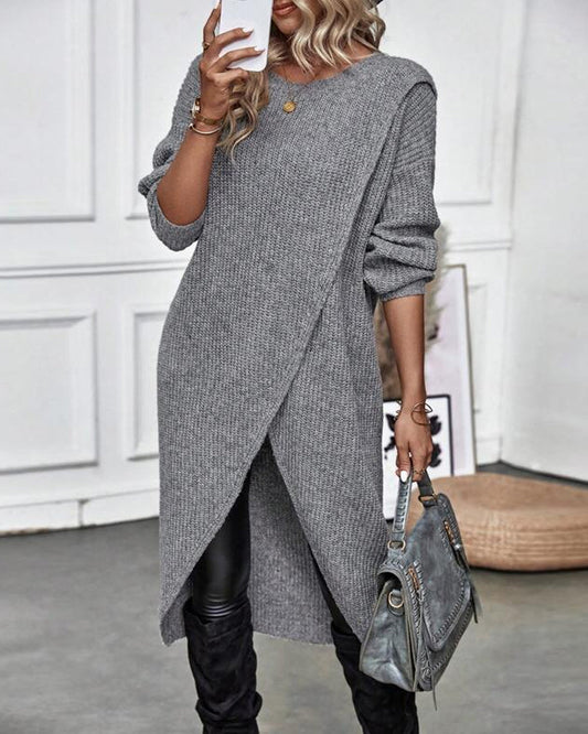 Modefest- Einfarbiges Pulloverkleid mit unregelmäßigem Saum Grau
