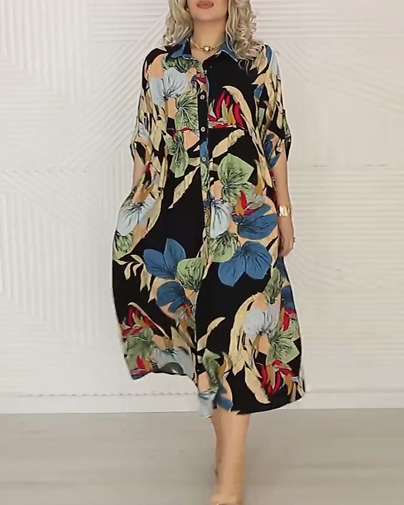 Loose, colorful printed dress with lapels