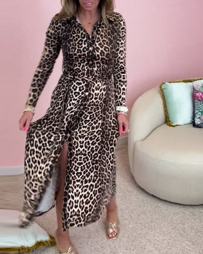 Modefest- Langärmliges, tailliertes kleid mit leopardenmuster