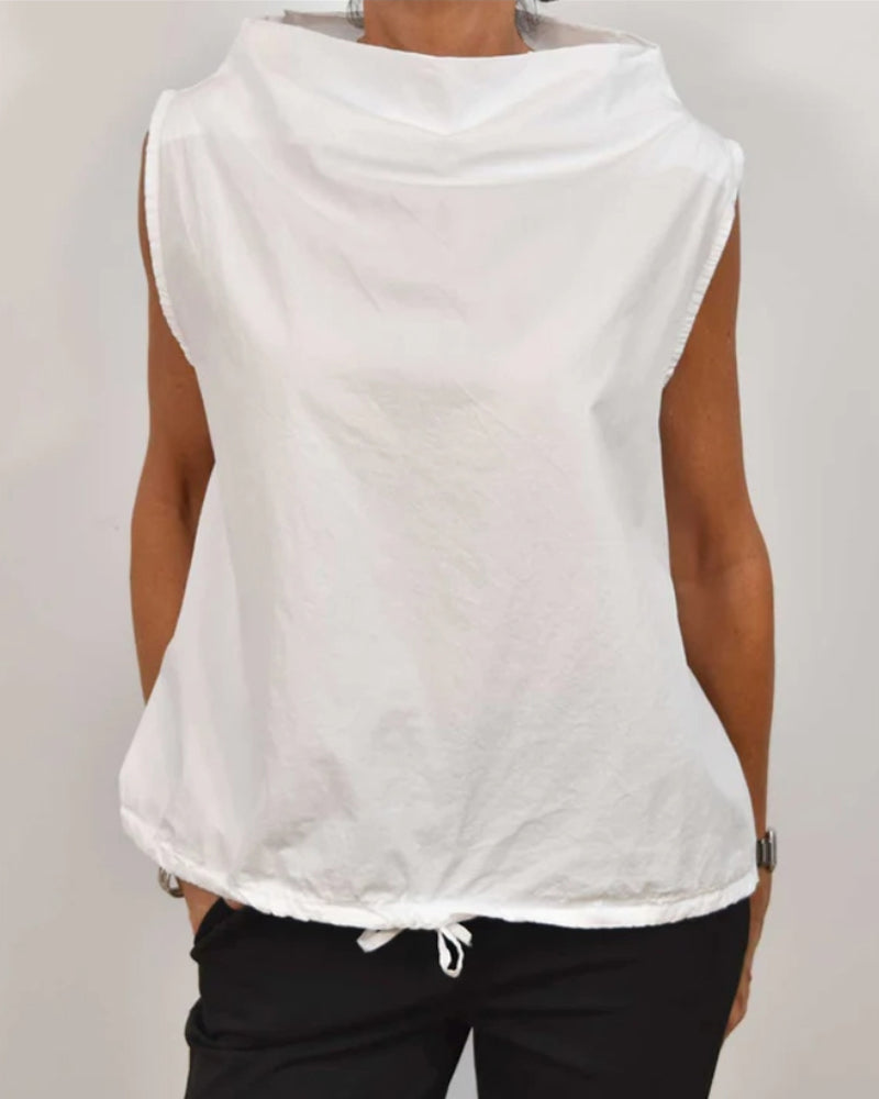 Fashionable, plain, sleeveless blouse with stand-up collar and drawstring