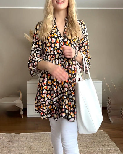 Casual printed v-neck bell sleeve blouse