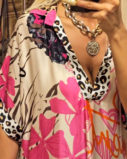 Casual deep V-neck dress with leopard and colorful print