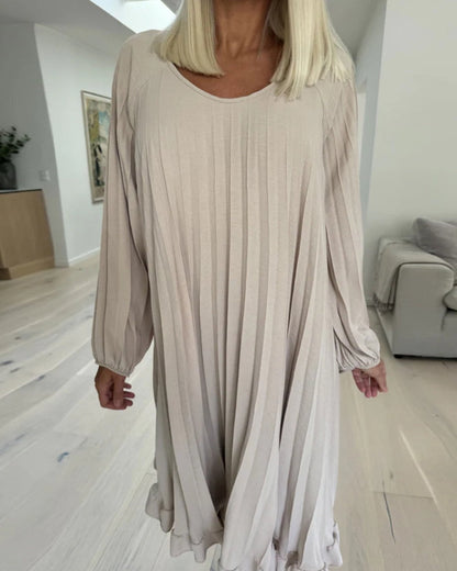 Casual solid color pleated long sleeve loose dress