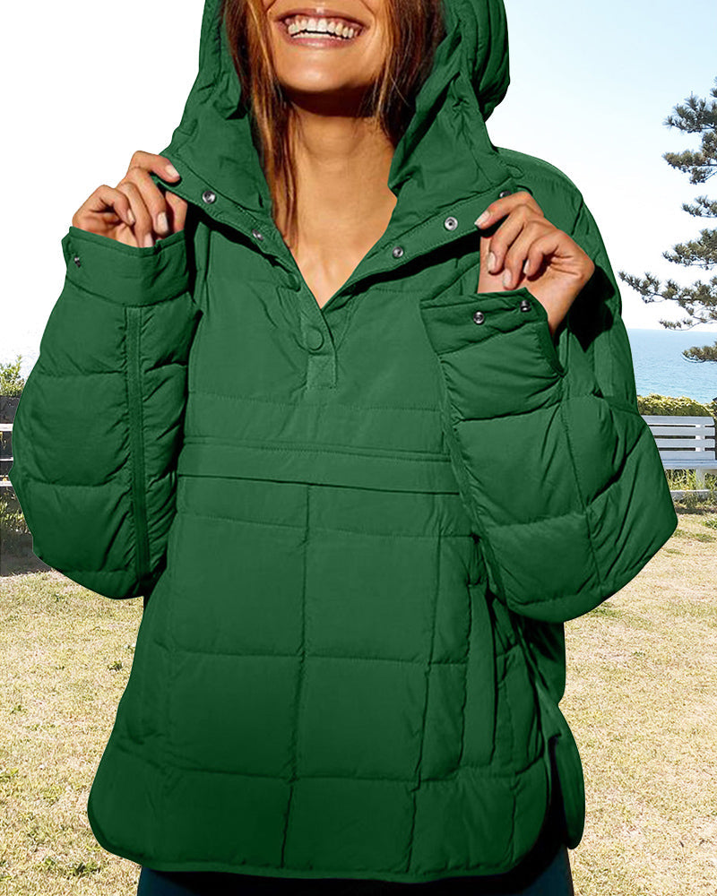 Casual padded sweater with hood and pocket in solid color