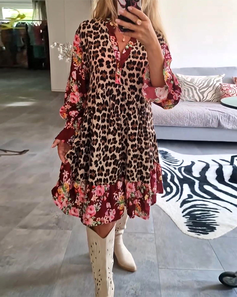 Fashionable bell sleeve dress with leopard floral print