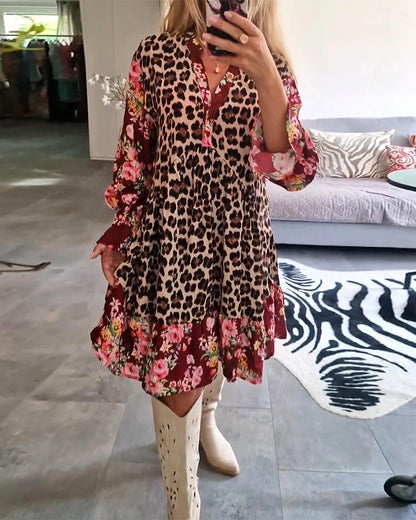 Fashionable bell sleeve dress with leopard floral print