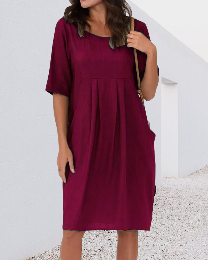 Modefest- Einfarbiges Kleid mit Rundhalsausschnitt und Taschen