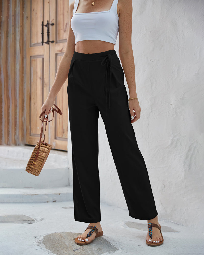 Modefest- Einfarbige Hose mit hoher Taille und Kordelzug Schwarz