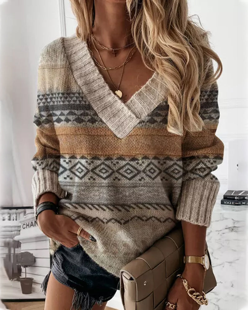 Modefest- Geometrischer Pullover mit V-Ausschnitt und langen Ärmeln Beige