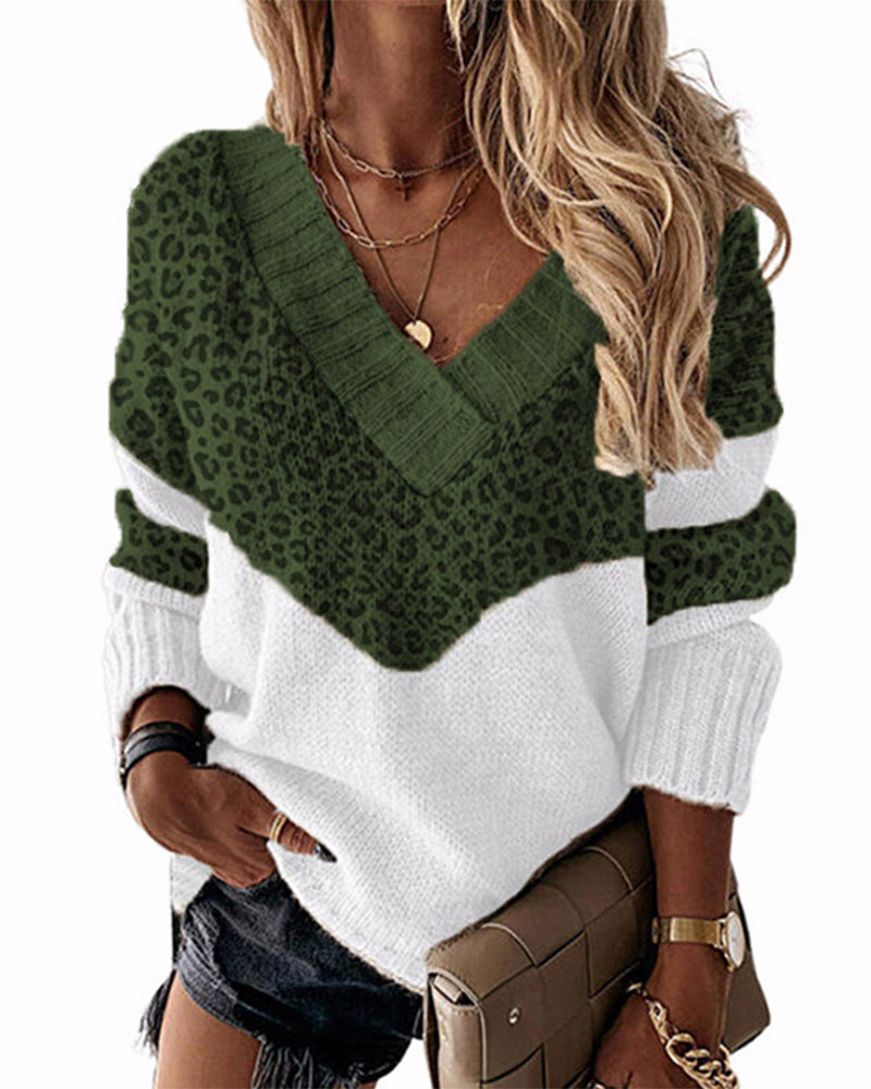 Modefest- Pullover mit Leopardenmuster und V-Ausschnitt Armeegrün