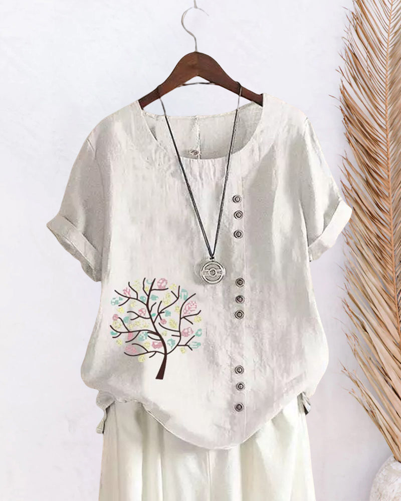 Modefest- Rundhals-T-Shirt mit Blätterdruck Weiss