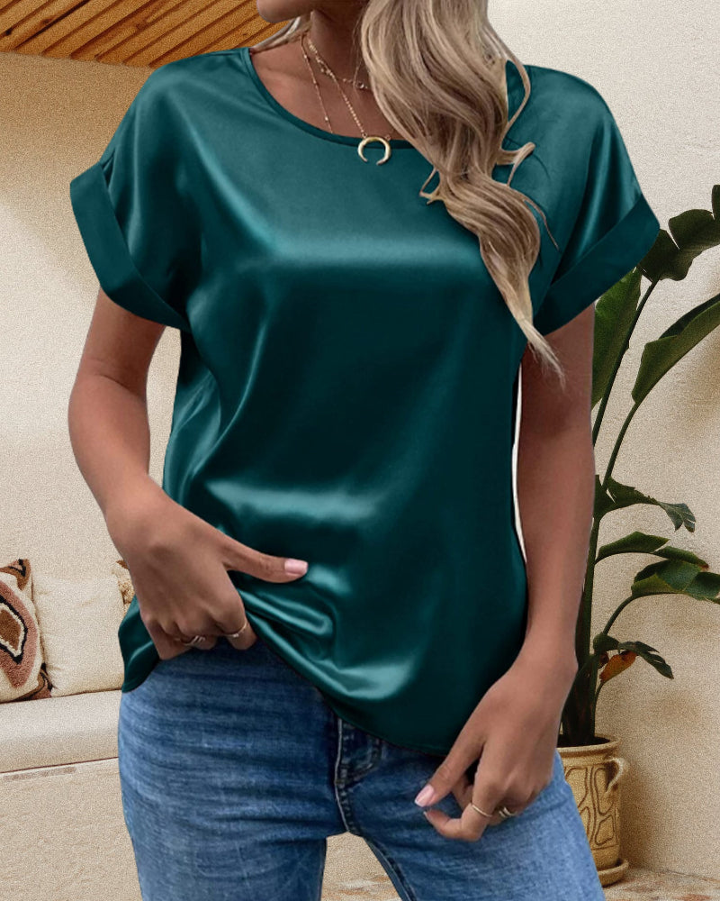 Modefest- Einfarbiges T-Shirt mit Rundhalsausschnitt aus Satin Grün