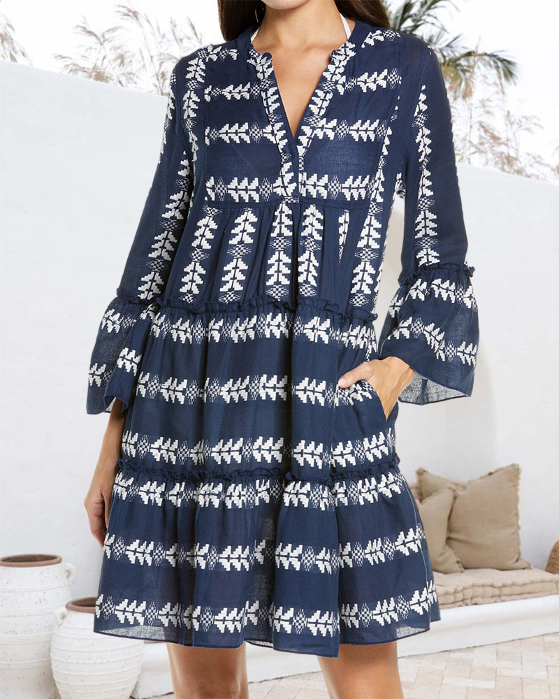 Modefest- Elegantes kurzes Kleid mit Modedruck Marineblau