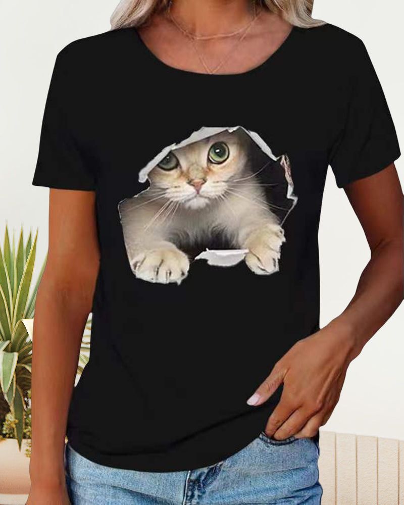Modefest- T-Shirt mit zerrissenem Katzen-Print