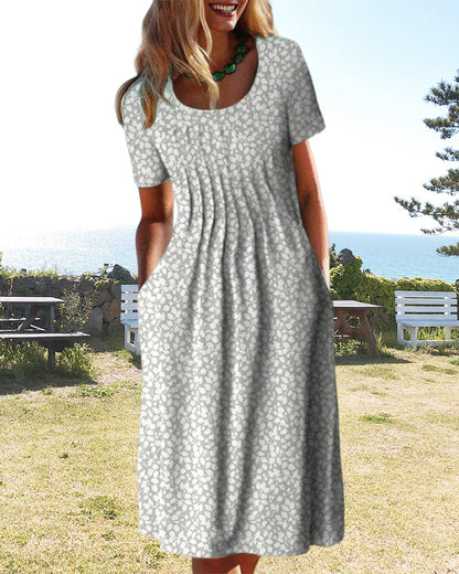 Modefest- Kurzärmliges Kleid mit Blätterdruck Grau