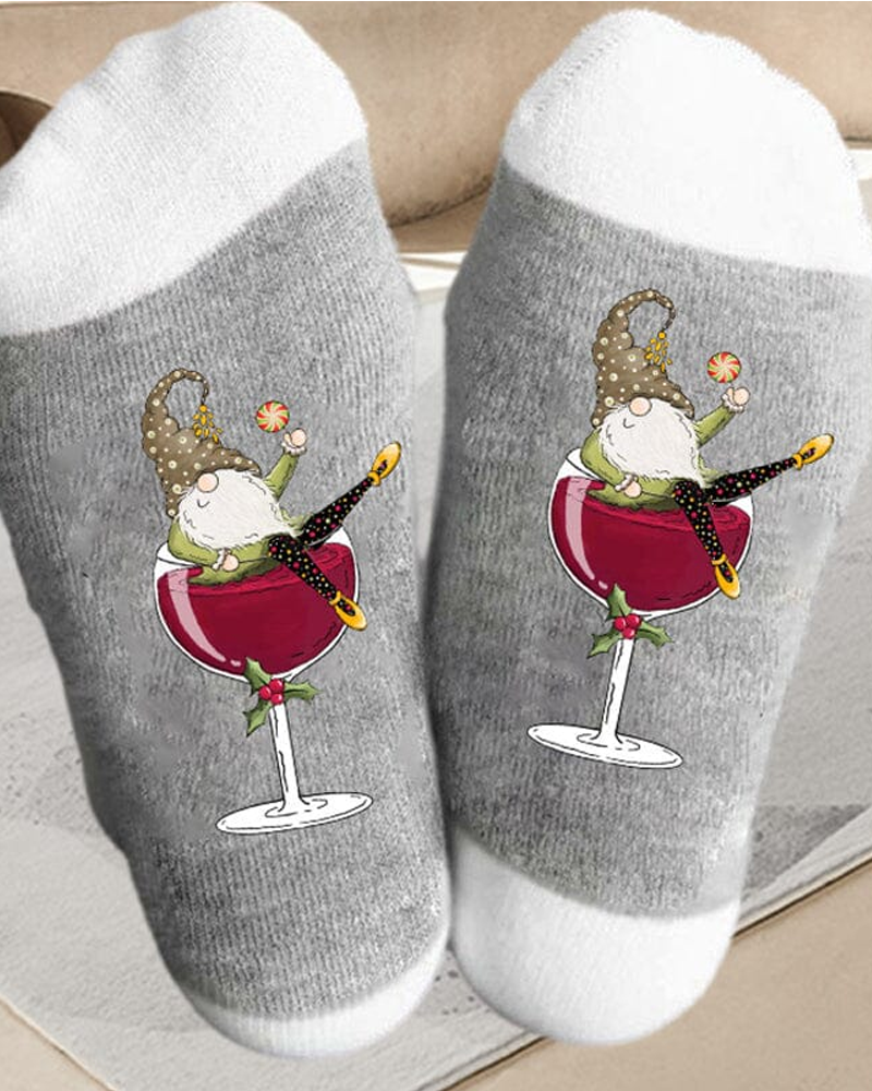 Modefest- 🧦Weihnachtswichtel Weinglas Unisex-Crew-Socken🧦 Grau Weiß