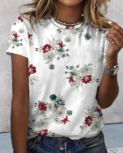 Modefest- T-Shirt mit Blumendruck und Rundhalsausschnitt mit kurzen Ärmeln