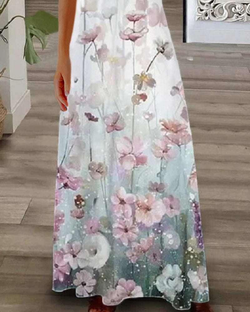 Modefest- Langes Kleid mit Blumendruck und kurzen Ärmeln aus Spitze