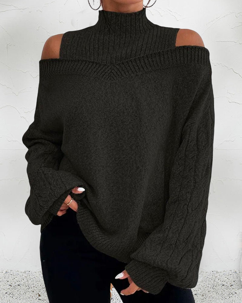 Modefest- Schicker einfarbiger Pullover mit hohem Halsausschnitt, kalter Schulter und langen Ärmeln
