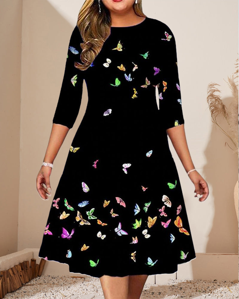 Modefest- Kleid mit halben Ärmeln, Rundhalsausschnitt und Aufdruck Schwarz