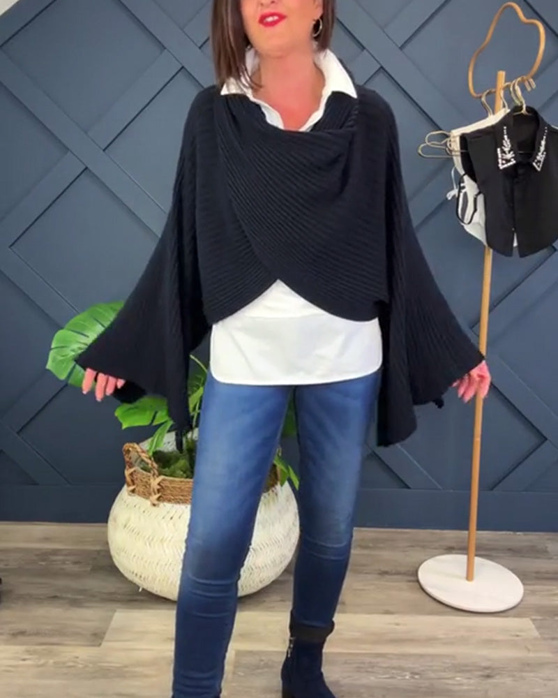 Pull tendance avec manches trompette irrégulières et couleur unie