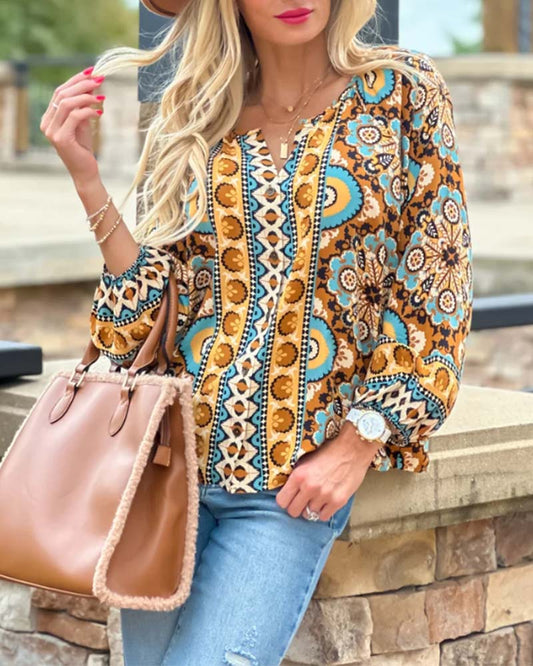 Blouse with lantern sleeves and retro print