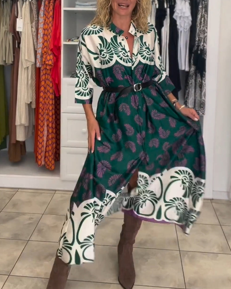 Modefest- Lässiges bedrucktes Kleid mit langen Ärmeln Grün