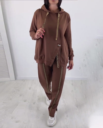 Casual solid color hoodie set with slit