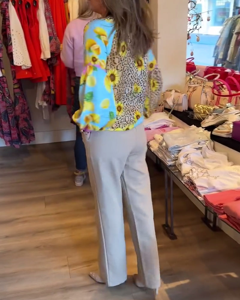Modefest- Elegante Bluse mit Sonnenblumen- und Leopardenmuster