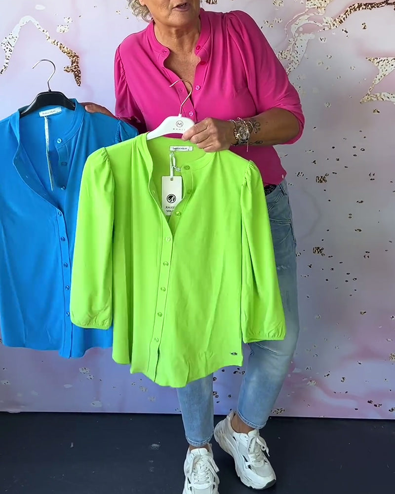 Solid color button-down shirt with puff sleeves