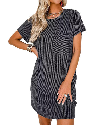 Solid color short sleeve striped dress