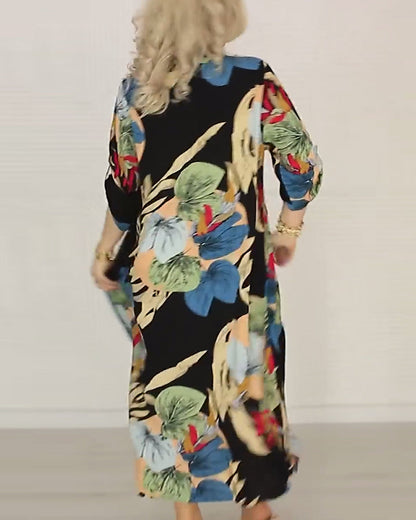 Loose, colorful printed dress with lapels