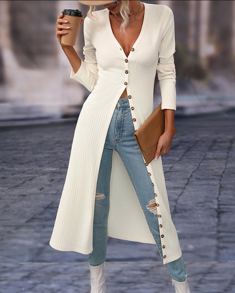 Modefest- Einfarbiger Mantel mit Knopfleiste Weiß